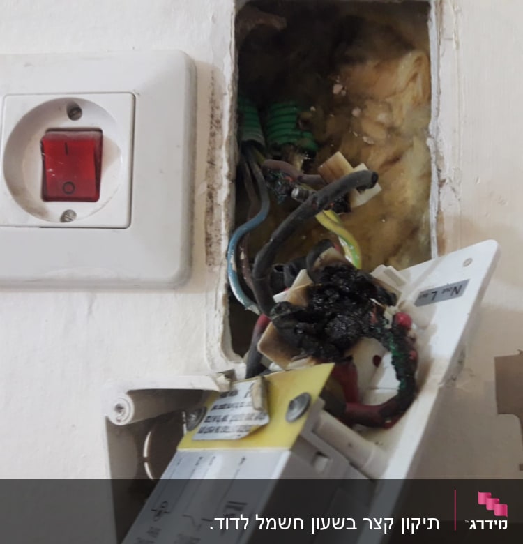 חוטי חשמל שרופים בקופסת חשמל פתוחה